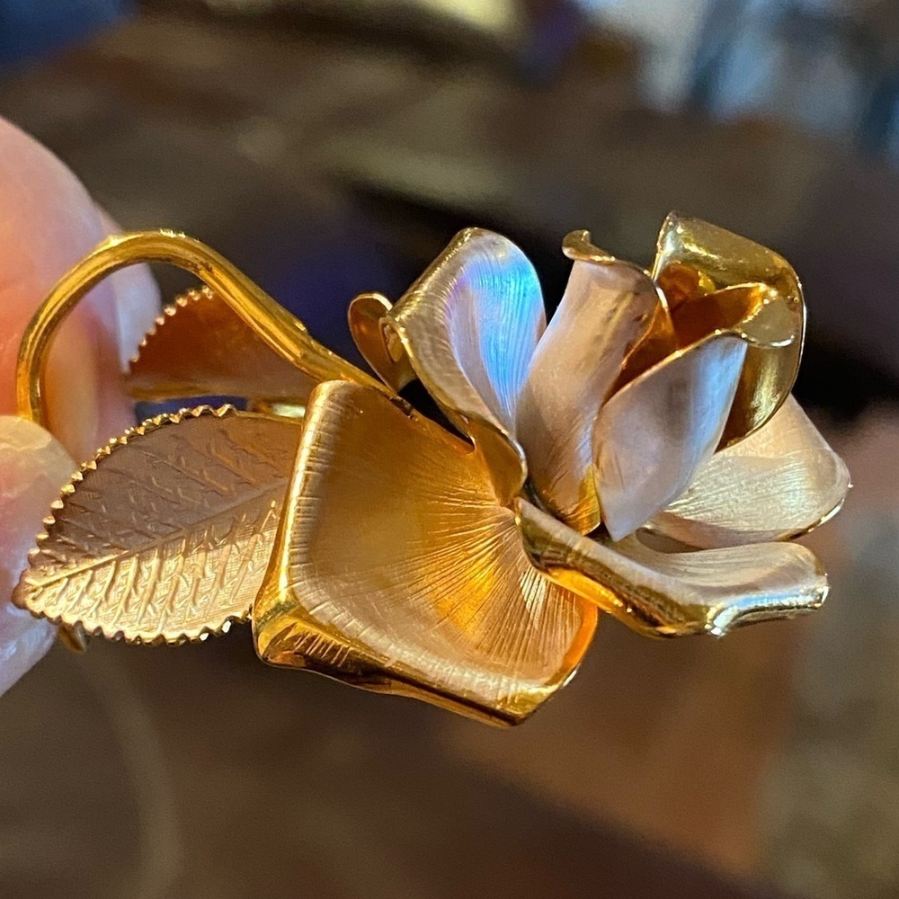 Vintage Signed Cerrito 22K Gold Plated Rose Flower Brooch Pin